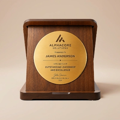 Premium Wooden Crest Award with Golden Metal Plate